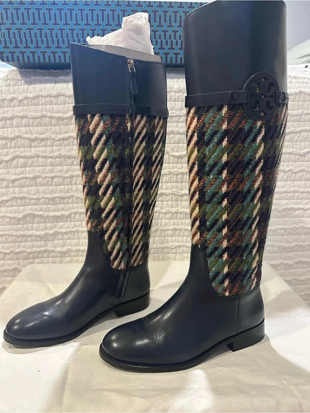 Tory Burch Miller Riding Boot & Purse Navy/Green Dogtooth Tweed Size 7 (SET)